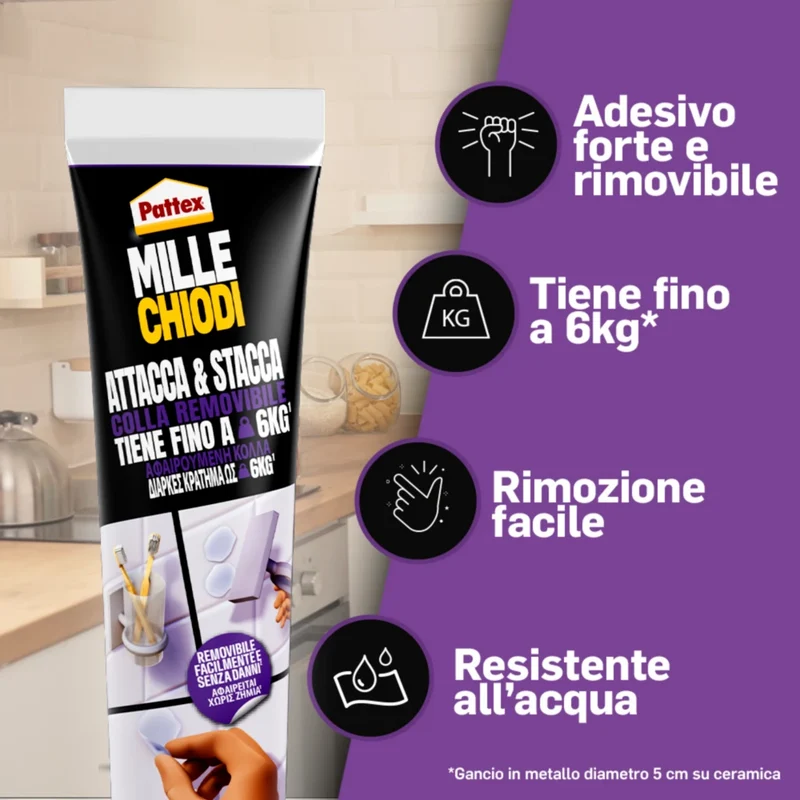 PATTEX - Millechiodi Attacca & Stacca | 44g | Trasparente | Rimovibile | 6kg | Impermeabile
