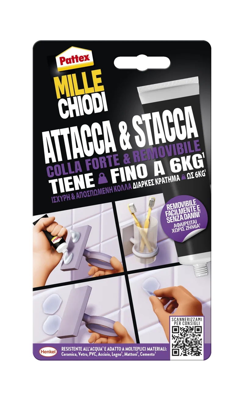 PATTEX - Millechiodi Attacca & Stacca | 44g | Trasparente | Rimovibile | 6kg | Impermeabile