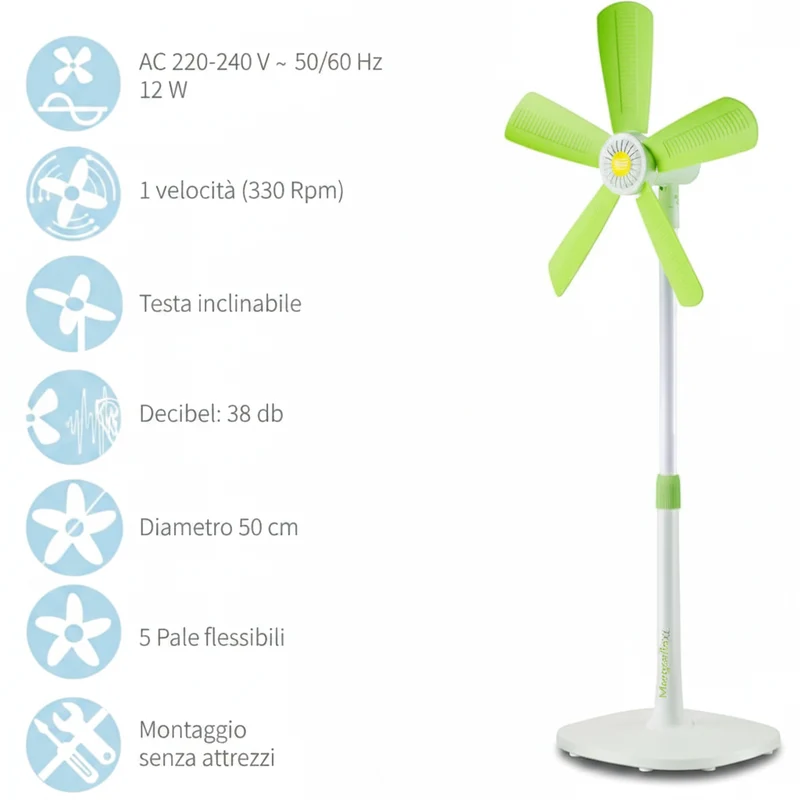 CFG - Ventilatore a Piantana Margarita XL Stand | Ø 50cm | 12W | Pale Magnetiche | Senza Griglia