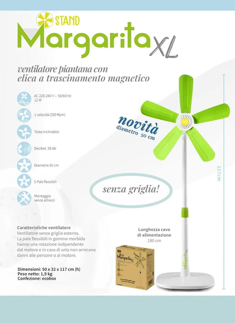 CFG - Ventilatore a Piantana Margarita XL Stand | Ø 50cm | 12W | Pale Magnetiche | Senza Griglia