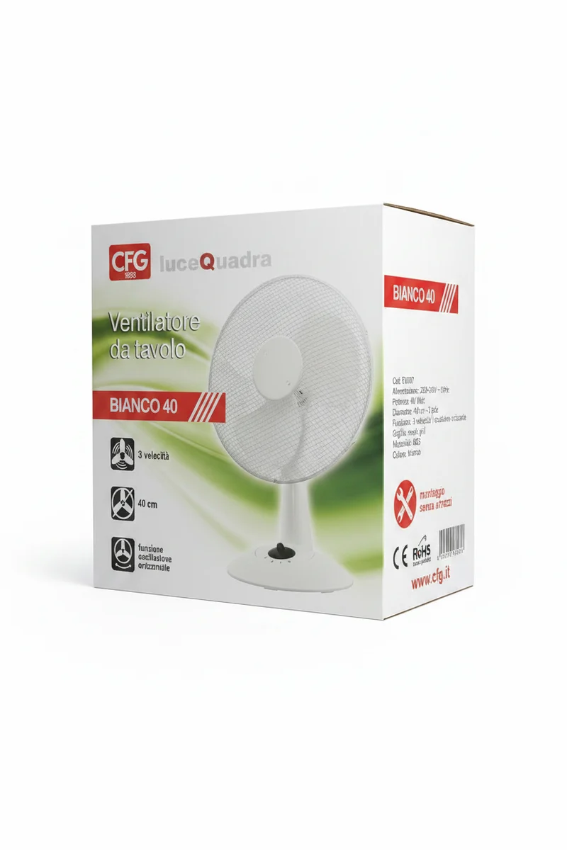 CFG - Ventilatore da Tavolo Bianco 40 EV007 | Ø40cm | 40W | 3 Velocità | Oscillazione | Mesh Grill | Bianco