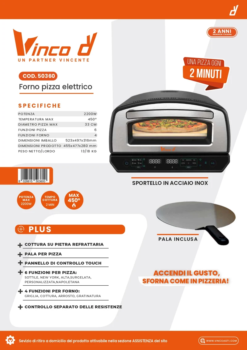 VINCO Forno Pizza Elettrico 50360 | 2200W | Ø33cm | Touch | Sportello Inox | 6 Funzioni [RICONDIZIONATO]