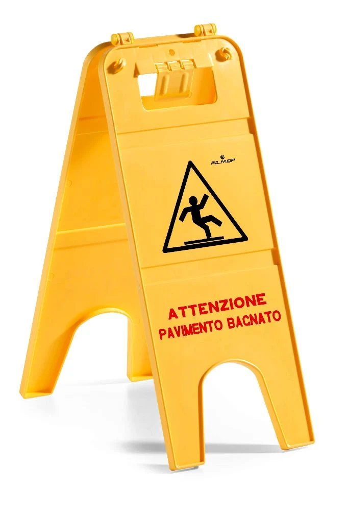 Segnale di avviso "pavimento bagnato" monolingua in plastica, a due ante