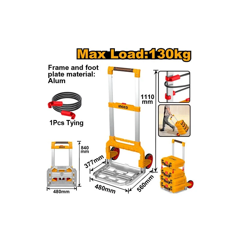 INGCO - Carrello a Mano Pieghevole HHWB61201 | 130 kg | Alluminio | Ruote 175mm | Corda Elastica Inclusa