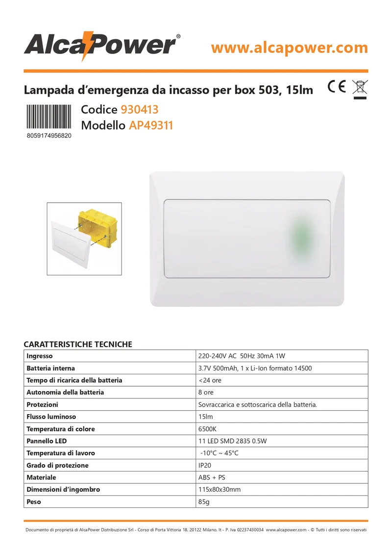 ALCAPOWER - Lampada d'Emergenza da Incasso Serie 503 | 15 lm | 8h Autonomia | IP20 | 930413