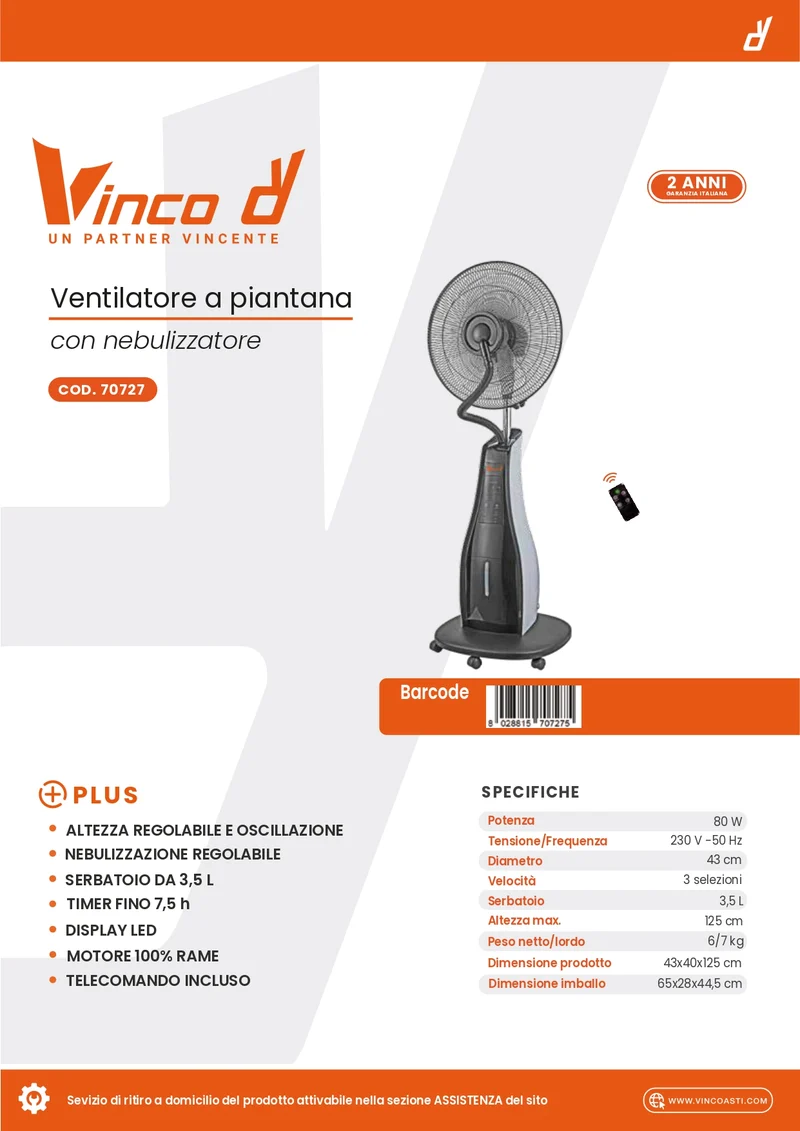 VINCO - Ventilatore Nebulizzatore 70727 | 80W | Ø43cm | Serbatoio 3,5L | Ruote | Telecomando | Timer 7,5h