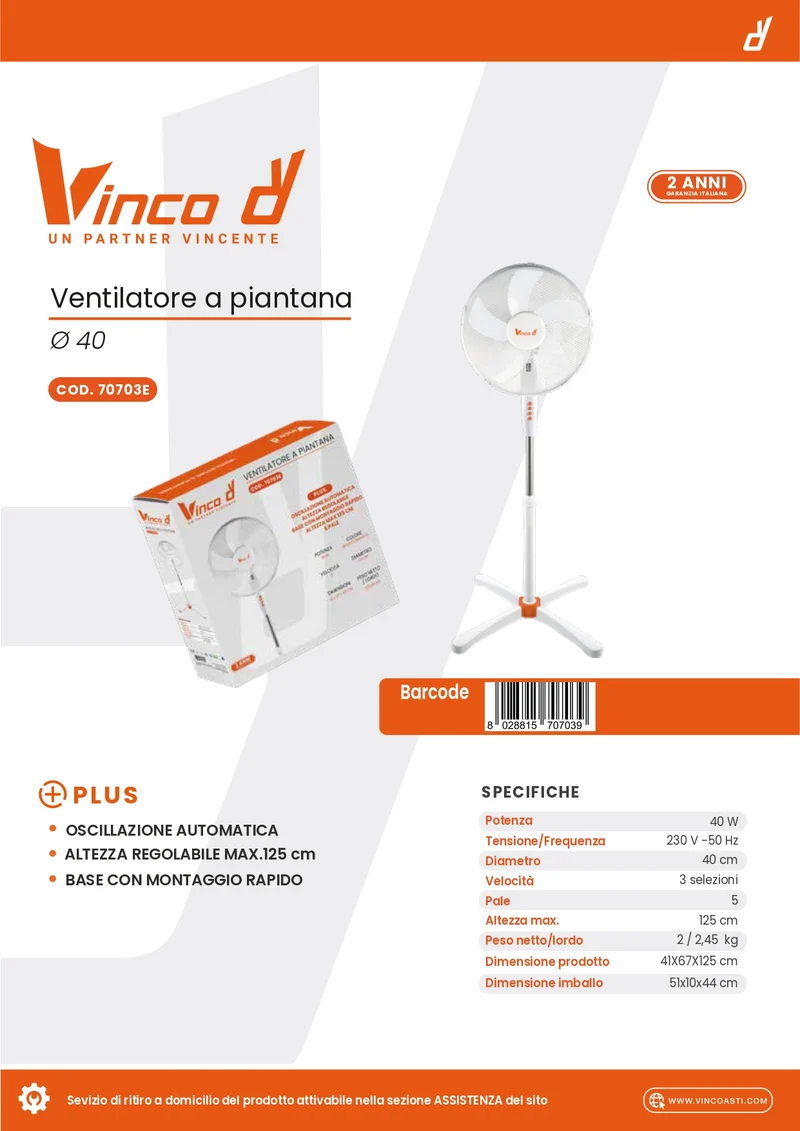 VINCO Ventilatore Piantana 70703E | 40W | Ø40cm | 125cm | Oscillante | Bianco