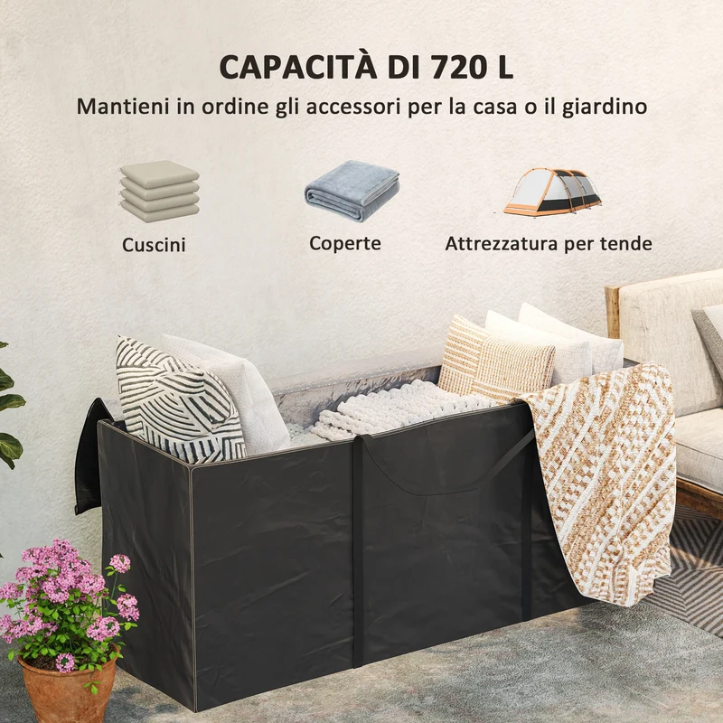 Borsa Portaoggetti Impermeabile 175x55x75 cm Capacità 720L con Maniglie in Tessuto Oxford 600D Nero