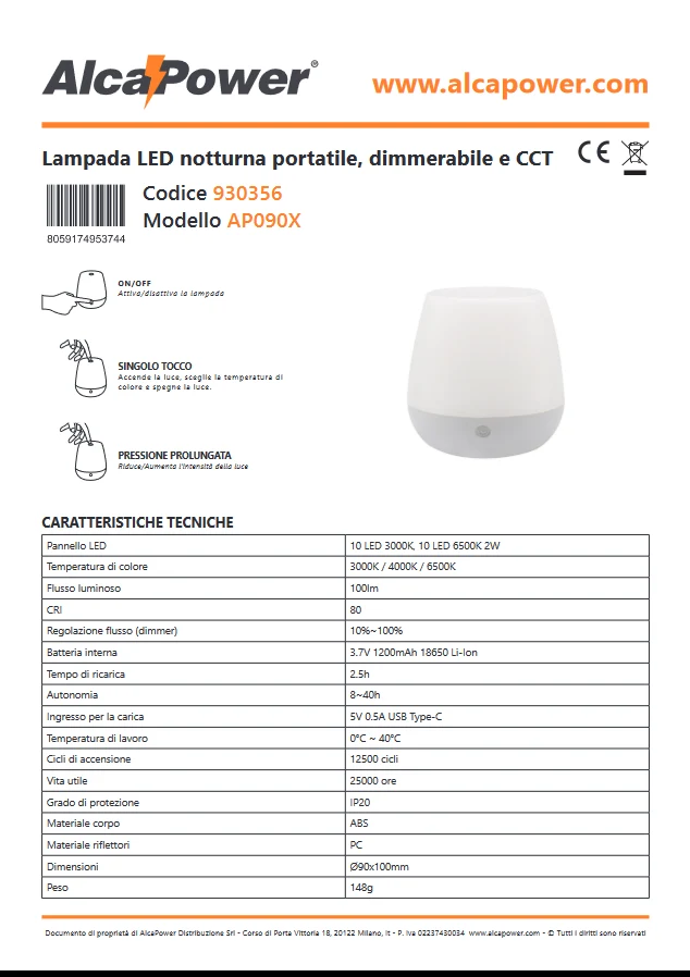 Lampada LED notturna portatile dimmerabile CCT