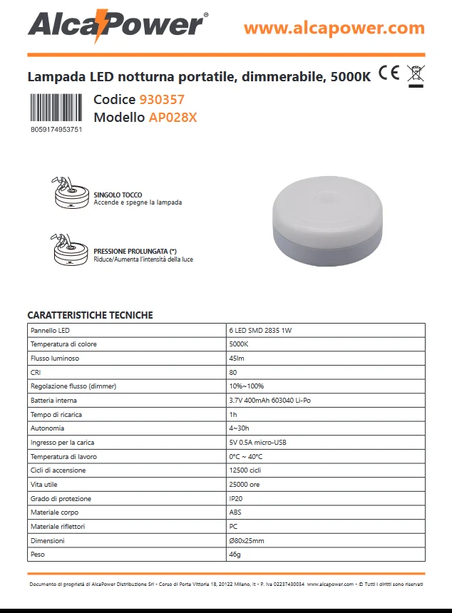 Lampada LED notturna portatile dimmerabile