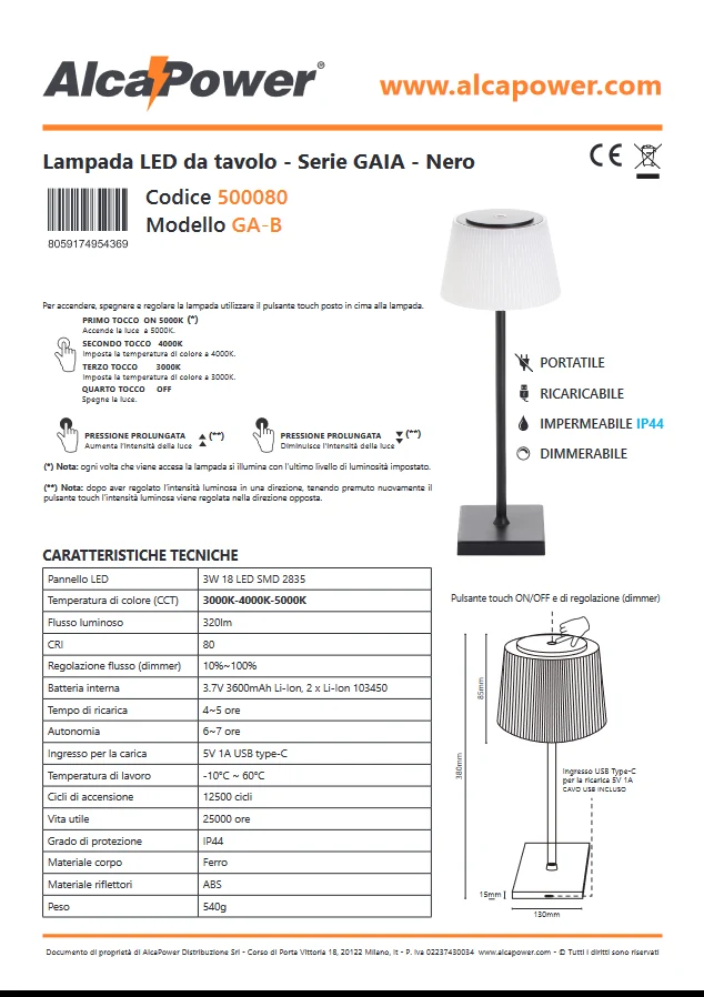 Lampada LED da tavolo ricaricabile CCT Dimmerabile - Alcapower