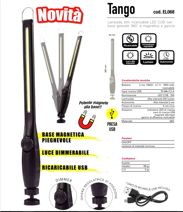 CFG - Torcia Slim Ricaricabile TANGO EL068 | 250 Lumen | LED COB | Base Magnetica 360° | USB