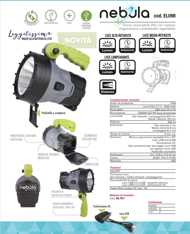 Torcia ricaricabile 450 lumen / 5w Nebula - EL098 CFG