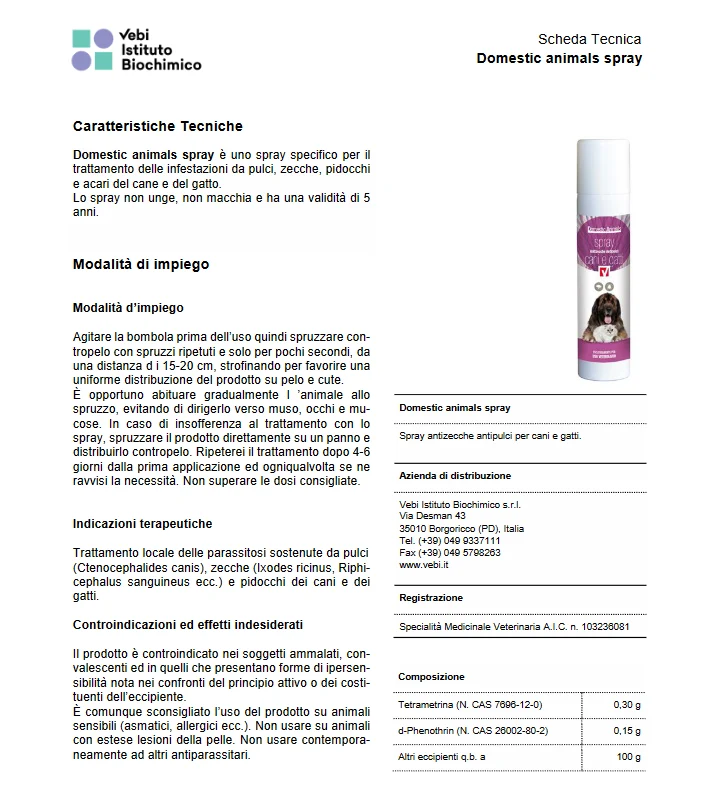 VEBI - Domestic Animals Spray Antiparassitario per Cani e Gatti | Antipulci Antizecche | 100g | A.I.C. 103235089