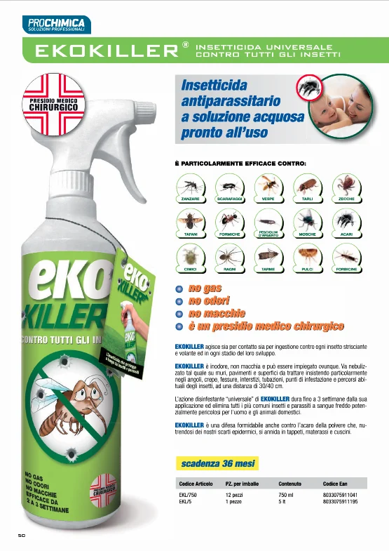 PROCHIMICA - EKOKILLER Insetticida Universale 750ml | Insetti Striscianti e Volanti | Pronto all'Uso | Azione fino a 3 Settimane | Inodore
