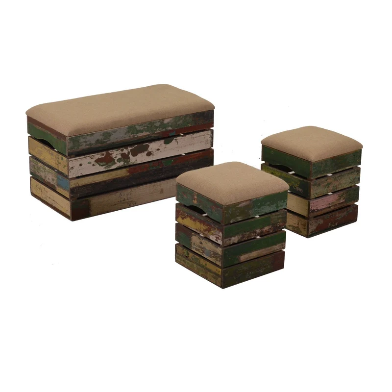 Set 3 Pouf in Legno 60x30H30cm Old Style
