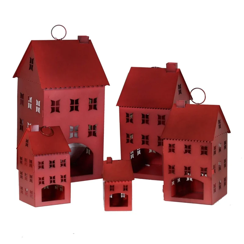 Set 5 Lanterne da Esterno in Metallo 26,5x52x26,8cm Casa Quadro Rosso