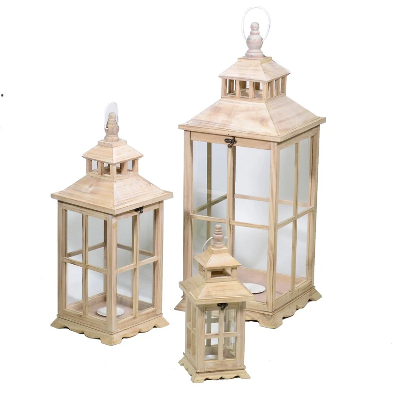 Set 3 Lanterne da Giardino in Legno 32x32H78,5cm Quadro Naturale