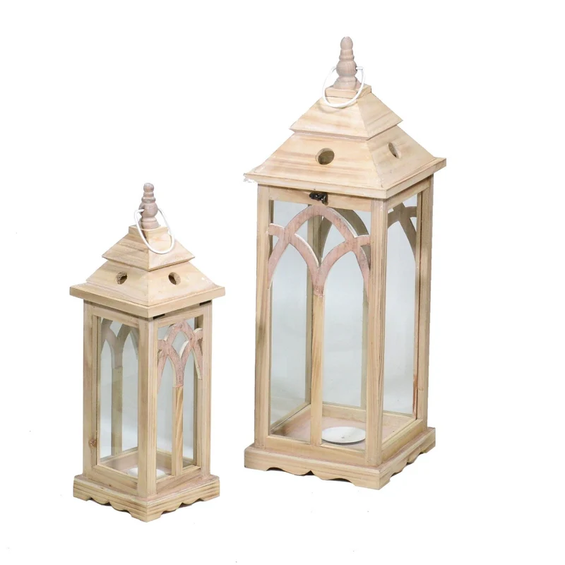 Set 2 Lanterne da Giardino in Legno 23x23H69cm Quadro Naturale