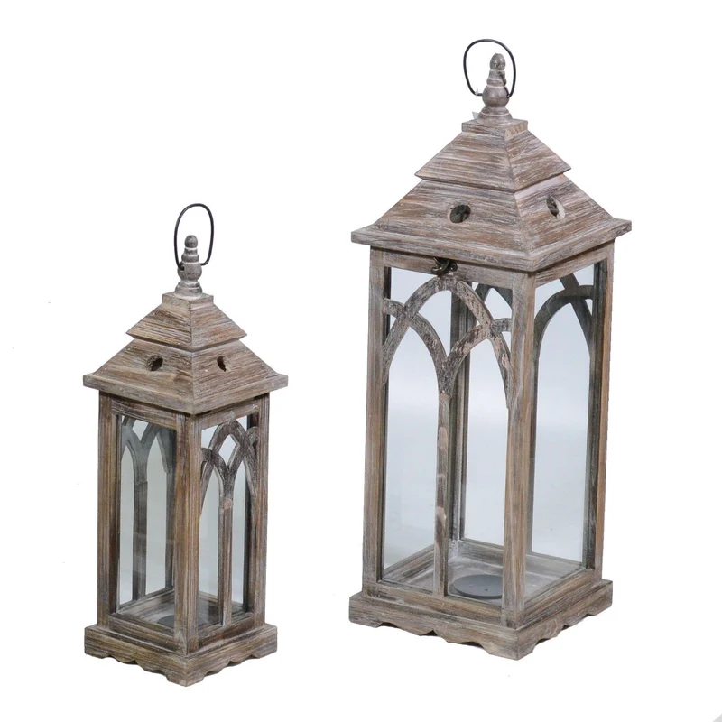 Set 2 Lanterne da Giardino in Legno 23x23H69cm Quadro Noce