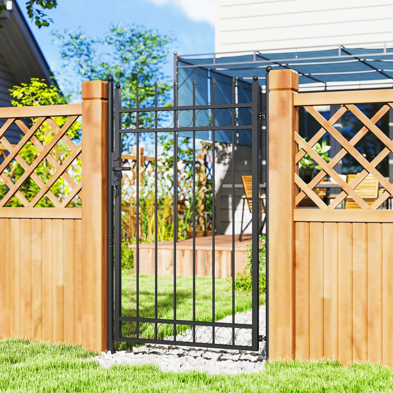Cancello da Giardino a 2 Paletti con Maniglia 105x204 cm con Lucchetto e 3 Chiavi in Acciaio Zincato Nero