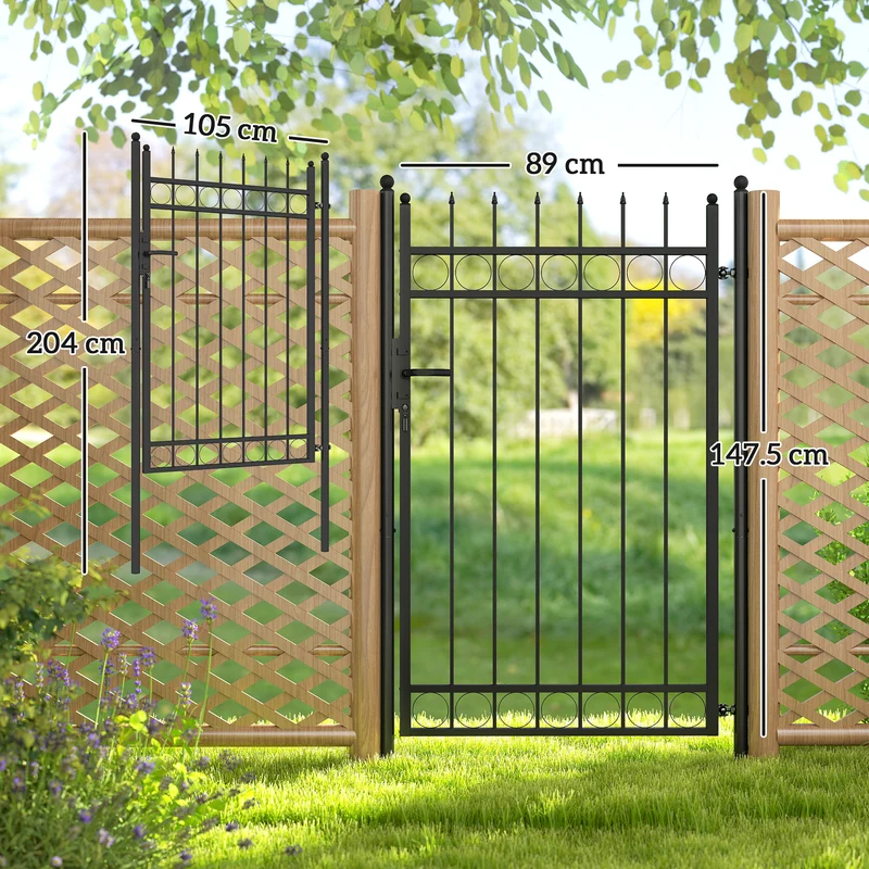 Cancello da Giardino a 2 Paletti con Maniglia 105x204 cm con Lucchetto e 3 Chiavi in Acciaio Zincato Nero