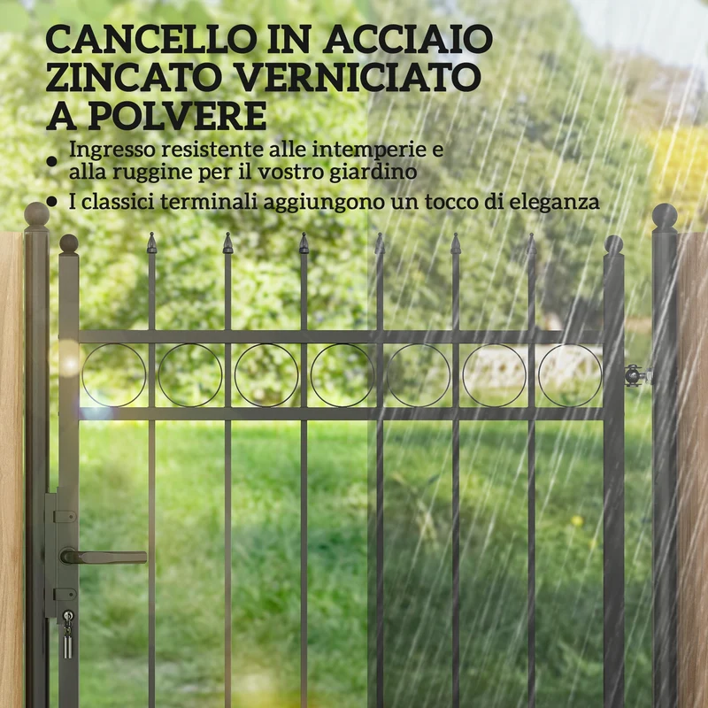 Cancello da Giardino a 2 Paletti con Maniglia 105x204 cm con Lucchetto e 3 Chiavi in Acciaio Zincato Nero