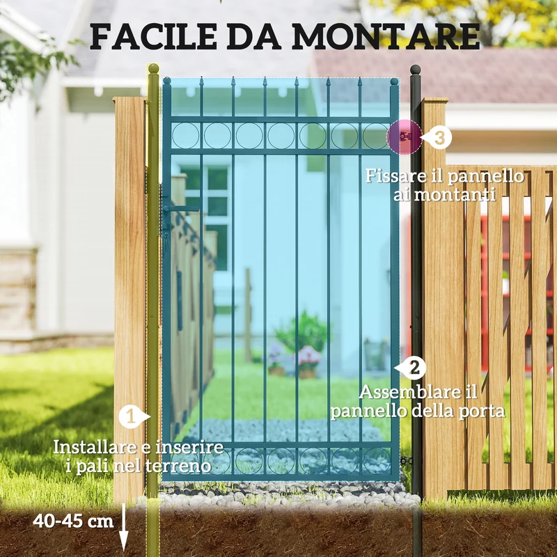 Cancello da Giardino a 2 Paletti con Maniglia 105x204 cm con Lucchetto e 3 Chiavi in Acciaio Zincato Nero