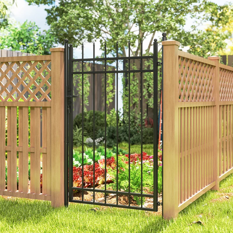 Cancello da Giardino a 2 Paletti con Maniglia 105x204 cm con Lucchetto e 3 Chiavi in Acciaio Zincato Nero
