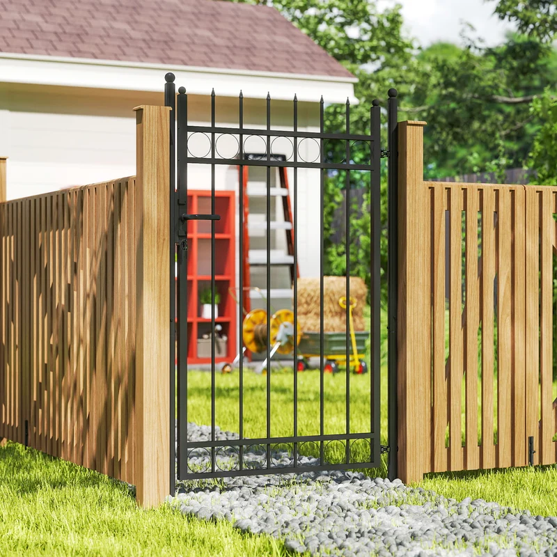 Cancello da Giardino a 2 Paletti con Maniglia 105x204 cm con Lucchetto e 3 Chiavi in Acciaio Zincato Nero