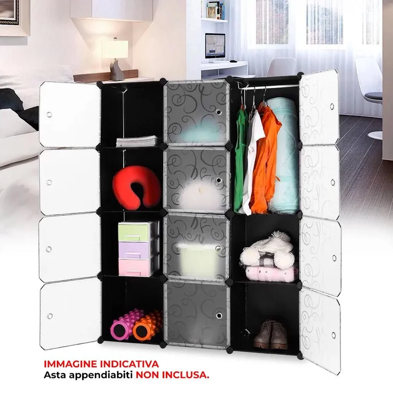 Armadio Guardaroba Modulare 12 Cubi 112x37x148 cm Rizzetti Nero con Ricamo