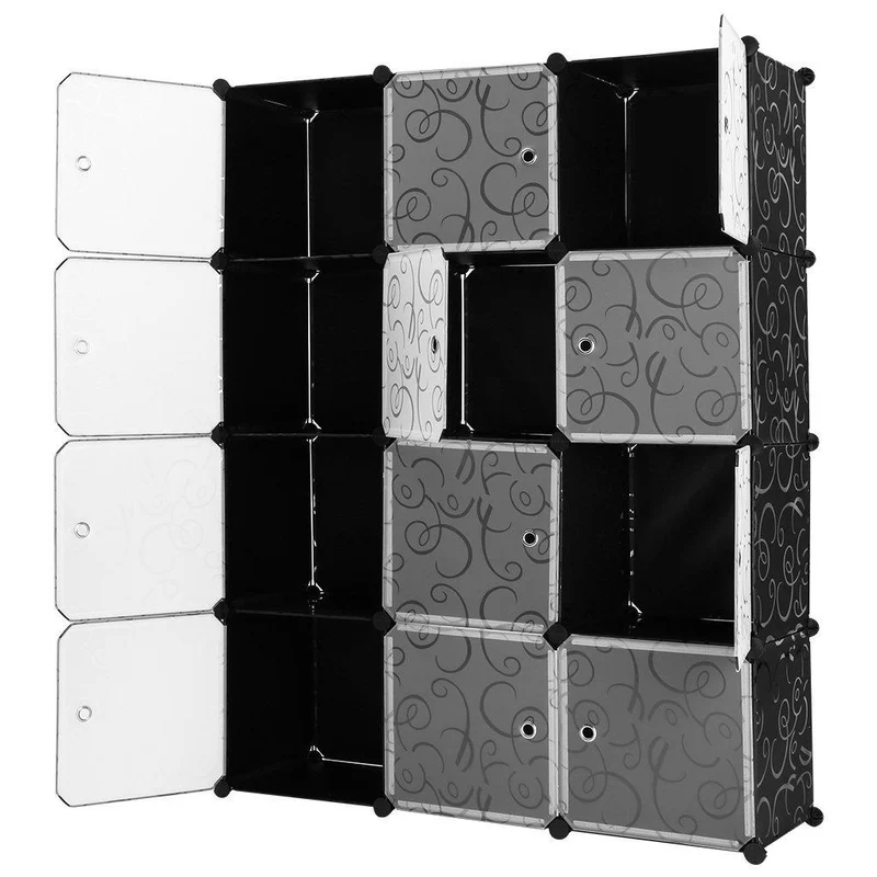 Armadio Guardaroba Modulare 12 Cubi 112x37x148 cm Rizzetti Nero con Ricamo