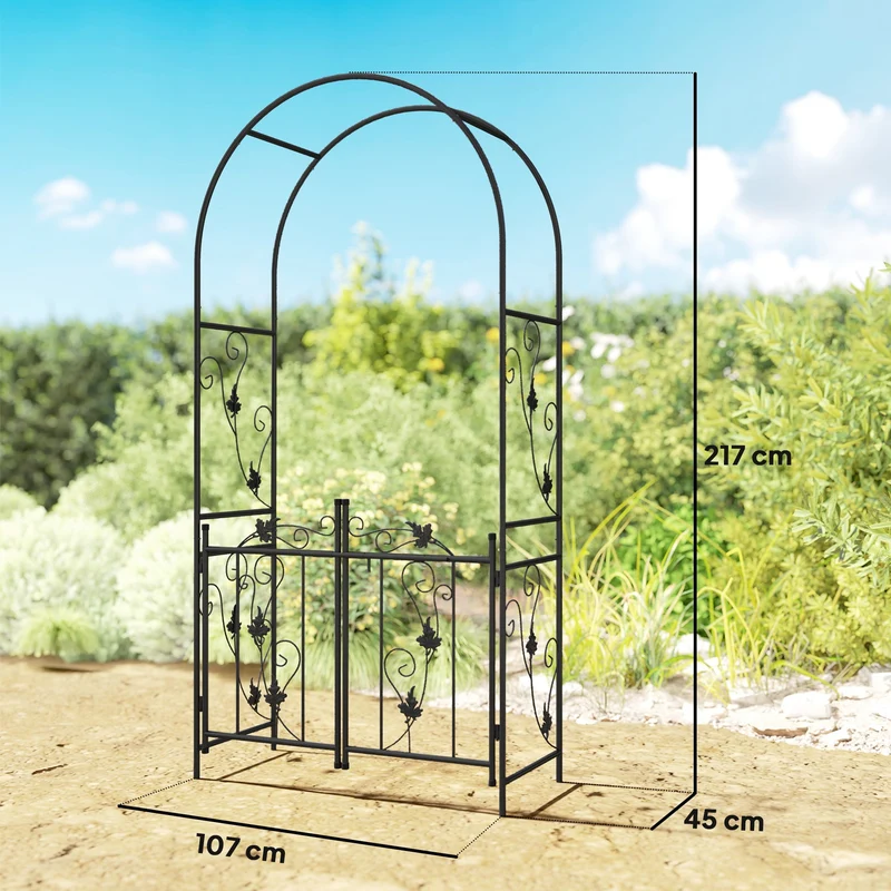 Arco da Giardino con Cancello 107x45x217 cm Traliccio per Piante Rampicanti in Metallo Nero