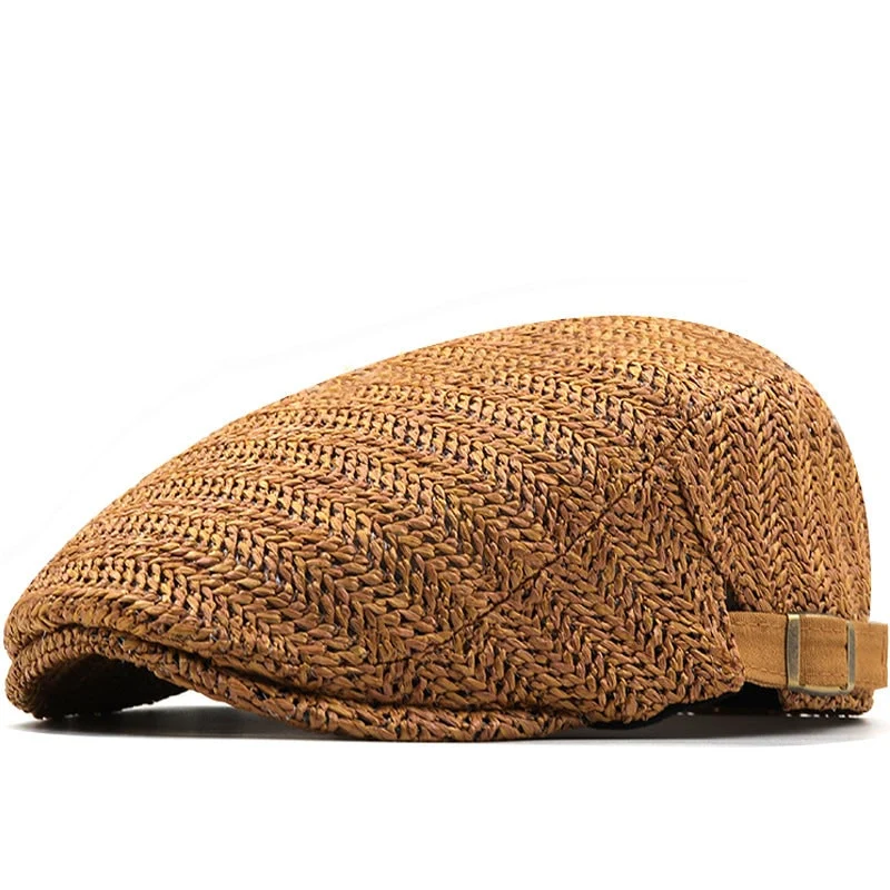 Chevron Weave Straw Flat Cap with Adjustable Back Strap