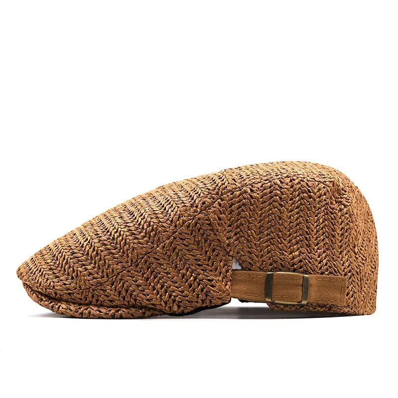 Chevron Weave Straw Flat Cap with Adjustable Back Strap