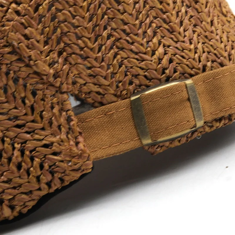 Chevron Weave Straw Flat Cap with Adjustable Back Strap