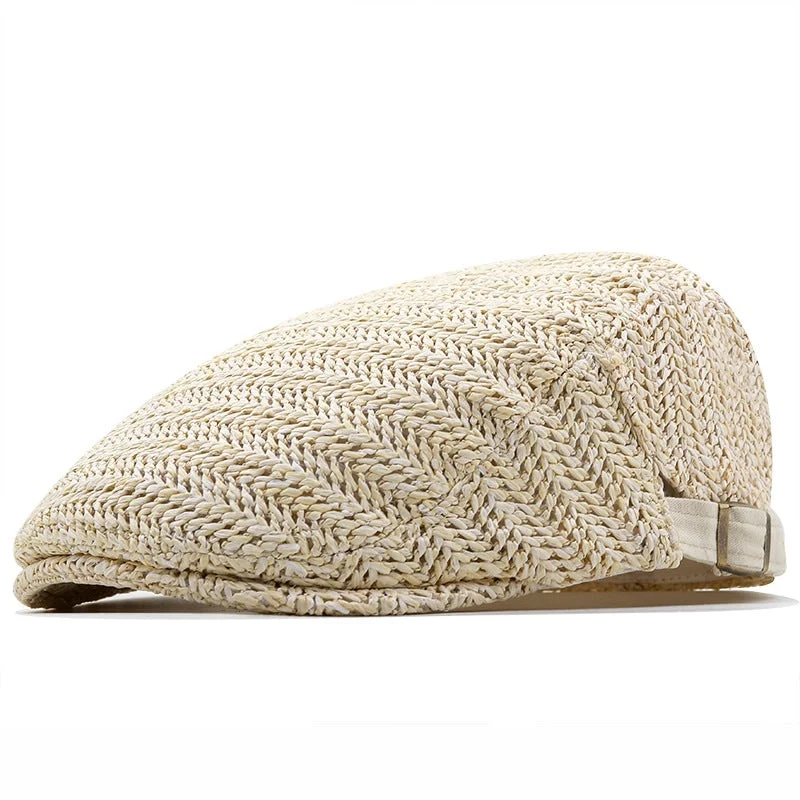 Chevron Weave Straw Flat Cap with Adjustable Back Strap