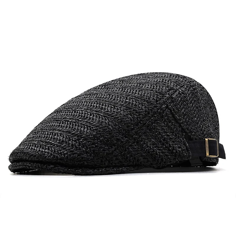 Chevron Weave Straw Flat Cap with Adjustable Back Strap