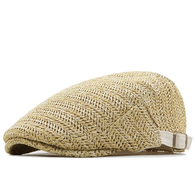 Chevron Weave Straw Flat Cap with Adjustable Back Strap