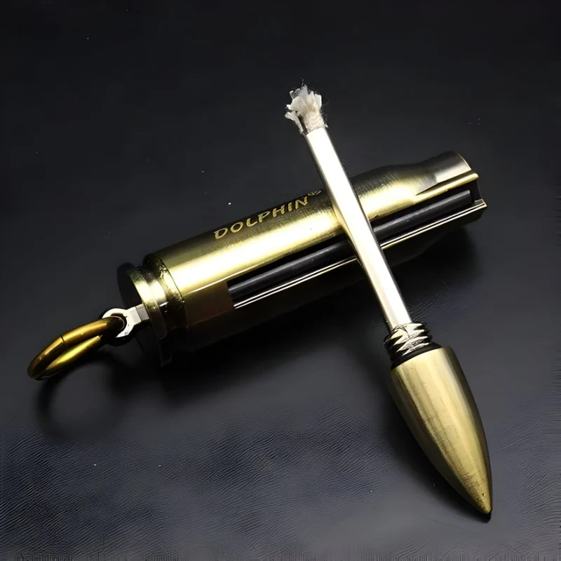Windproof Metal Match Lighter Keychain with Reusable Fuel Chamber for Outdoor Camping