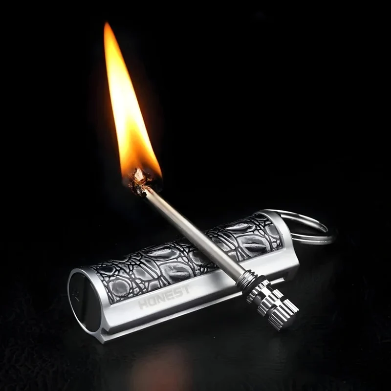 Windproof Metal Match Lighter Keychain with Reusable Fuel Chamber for Outdoor Camping
