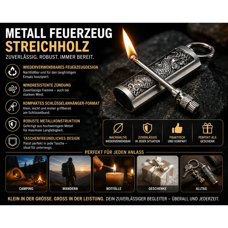 Windproof Metal Match Lighter Keychain with Reusable Fuel Chamber for Outdoor Camping