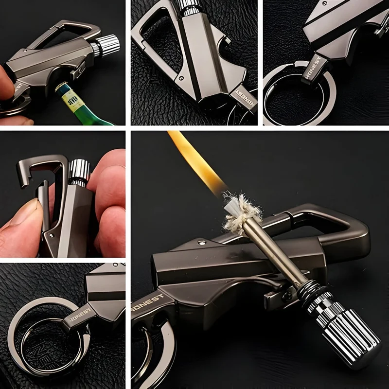 Windproof Metal Match Lighter Keychain with Reusable Fuel Chamber for Outdoor Camping