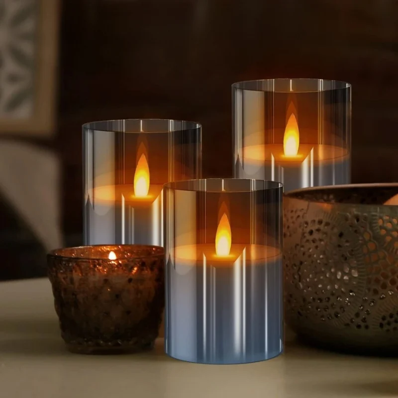 Battery-Powered LED Tea Lights in Glass Holders, Set of 3 Electric Candles