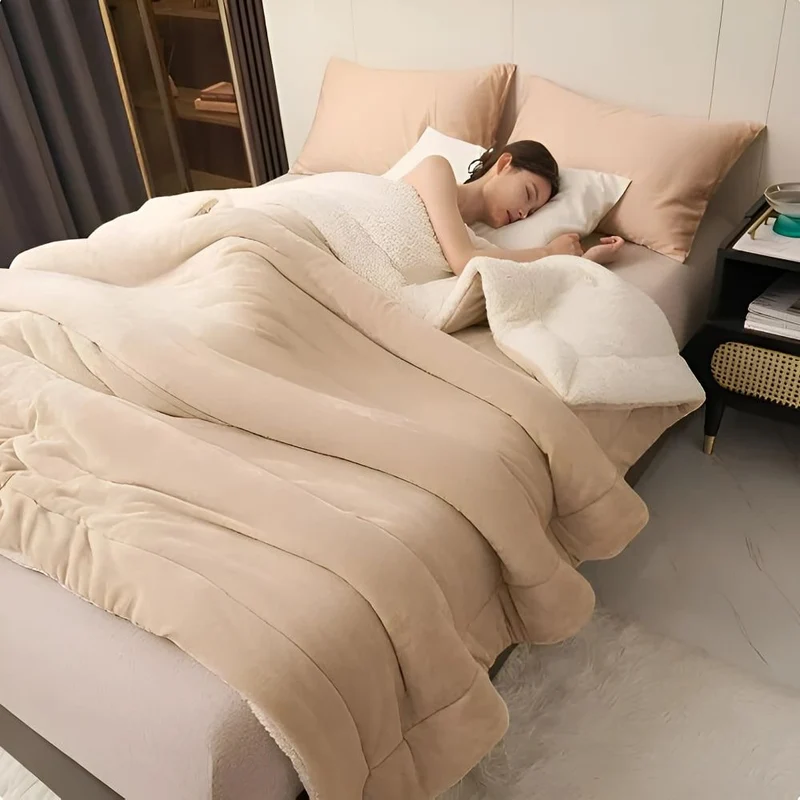 Warm Double-Sided Plush Fleece Blanket with Sherpa and Quilted Stitching