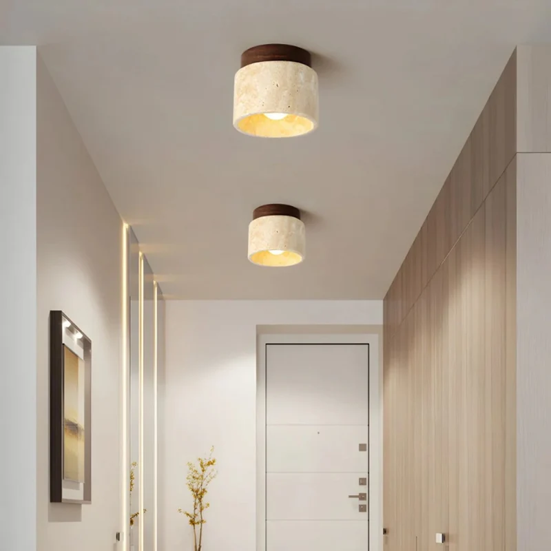 Cylindrical LED Flush-Mount Ceiling Light Made of Travertine with a Wooden Base for the Bathroom