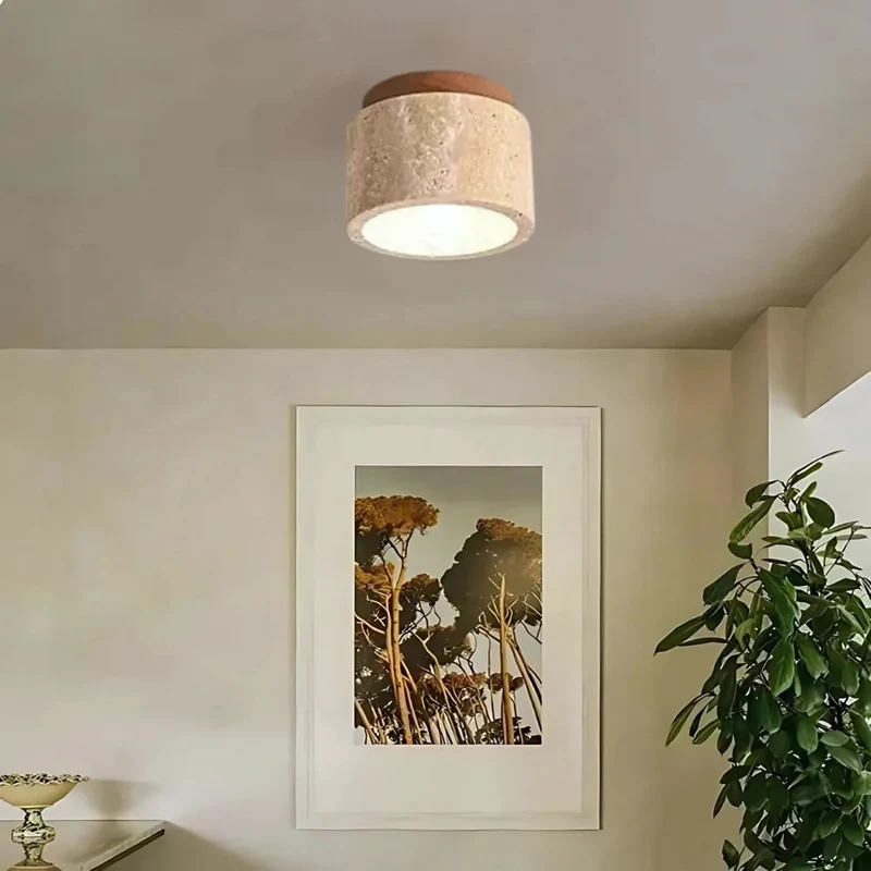 Cylindrical LED Flush-Mount Ceiling Light Made of Travertine with a Wooden Base for the Bathroom
