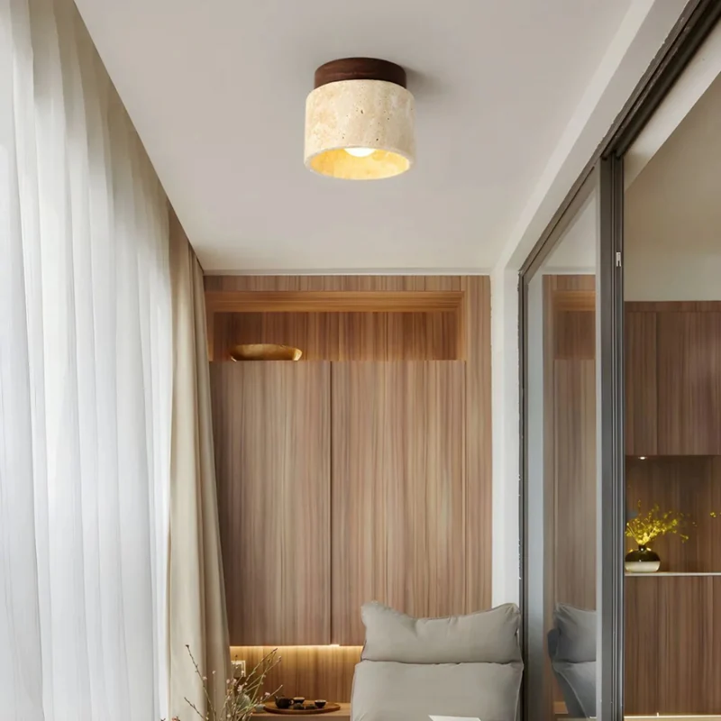 Cylindrical LED Flush-Mount Ceiling Light Made of Travertine with a Wooden Base for the Bathroom