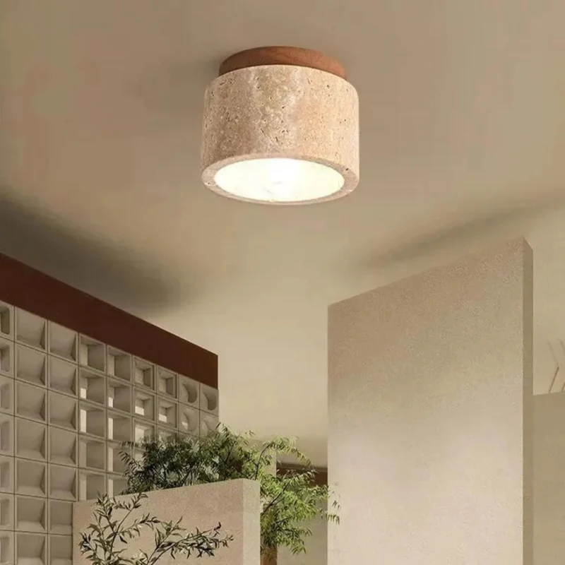 Cylindrical LED Flush-Mount Ceiling Light Made of Travertine with a Wooden Base for the Bathroom