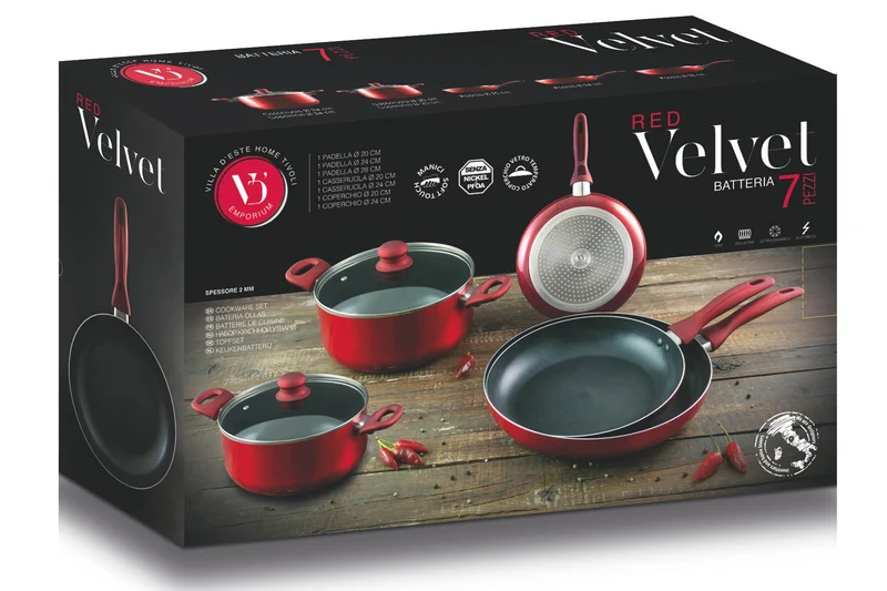 Batteria di Pentole 7 Pezzi in Alluminio Antiaderente Induzione Villa du0026#39;Este Home Tivoli Red Velvet